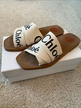 Chloé Beige Canvas Logo Slide Sandals